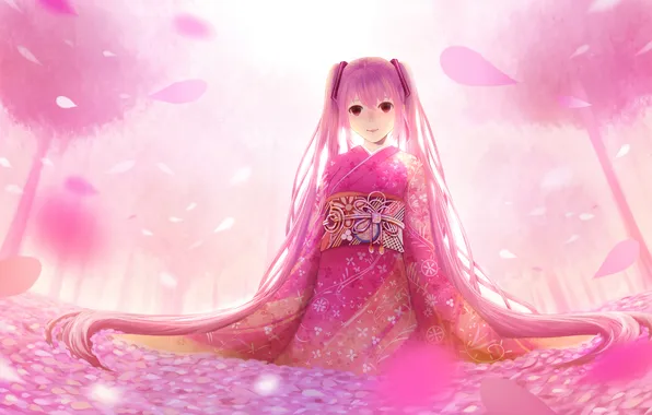 Картинка девушка, лепестки, сакура, арт, розовое, кимоно, vocaloid, hatsune miku