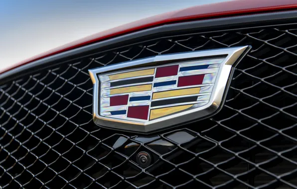 Красный, Cadillac, эмблема, решётка, седан, четырёхдверный, 2020, CT5-V