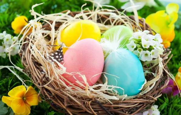 Яйца, пасха, гнездо, flowers, spring, eggs, easter, basket