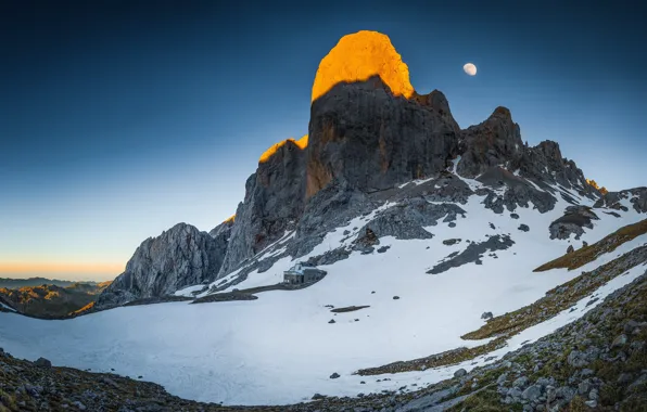 Картинка зима, свет, снег, горы, скалы, вершины