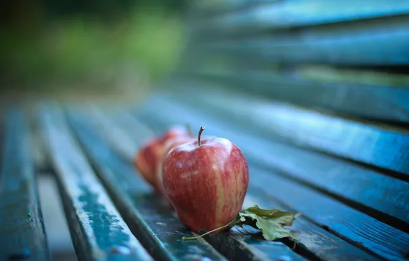 Картинка осень, макро, лист, яблоки, лавка