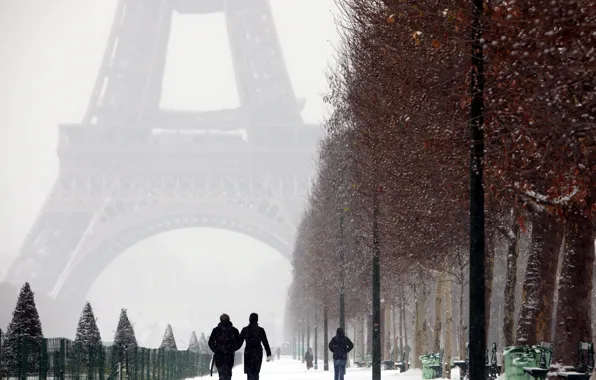 Картинка city, Paris, trees, France, winter, snow, street, people