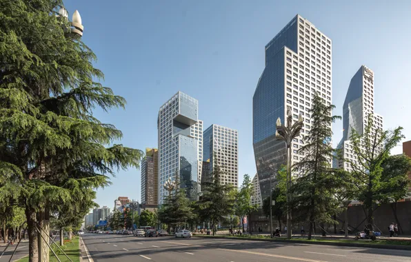 Дорога, деревья, здания, Chengdu, Sliced Porosity Block