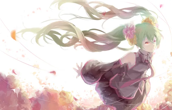Картинка девушка, цветы, аниме, лепестки, арт, форма, vocaloid, hatsune miku