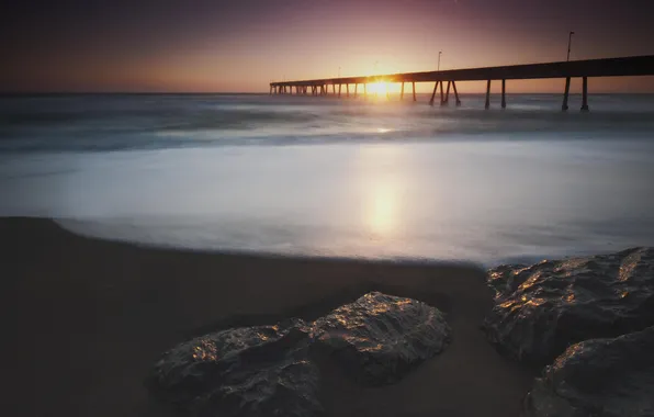 Картинка пляж, океан, рассвет, пирс, California, USА, Pacifica