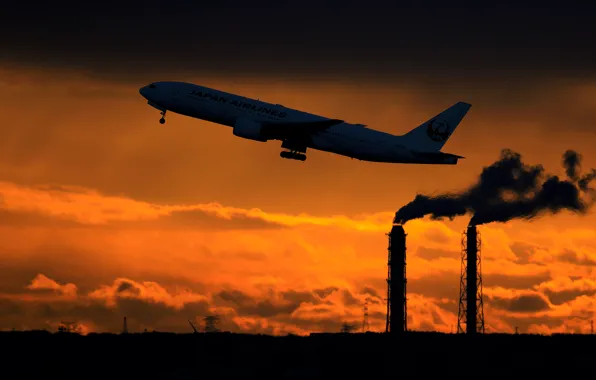 Картинка небо, закат, дым, силуэт, башни, Boeing, самолёт, взлет