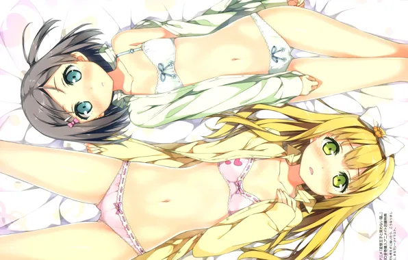 На кровати, нижнее бельё, зеленые глаза, две девочки, Tsukiko Tsutsukakushi, Azusa Azuki, Hentai Ouji to …
