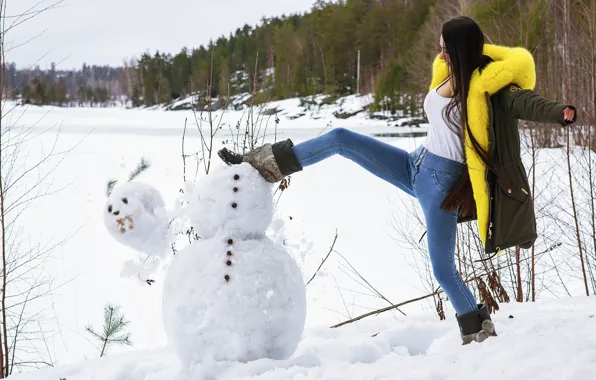 Картинка зима, Девушка, снеговик, Helga Lovekaty, Nikolas Verano