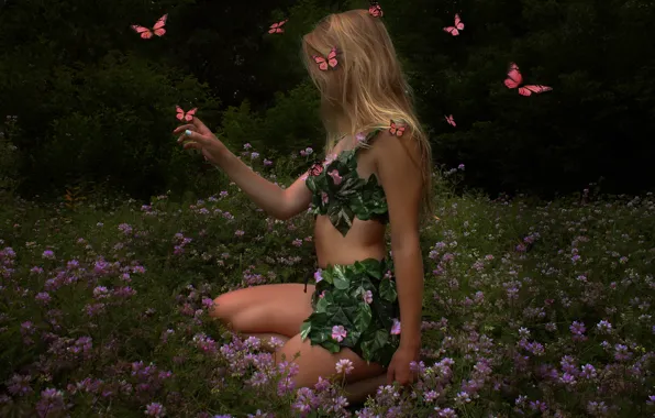 Картинка лето, девушка, бабочки, природа, волосы, тело, фигура
