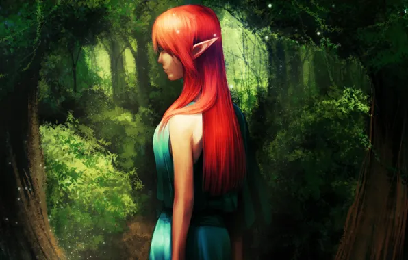 Картинка девушка, деревья, искры, Эльфийка, рыжая, роща, голубое платье
