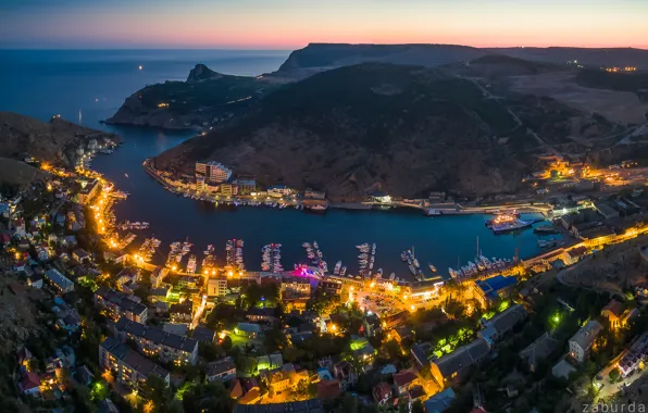 Море, огни, дома, Город, Россия, Крым, Балаклава, Севастополь