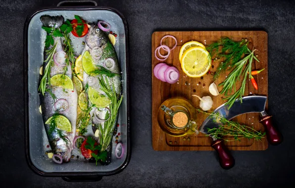 Зелень, лимон, рыба, fish, специи, сервировка, lemons, spices