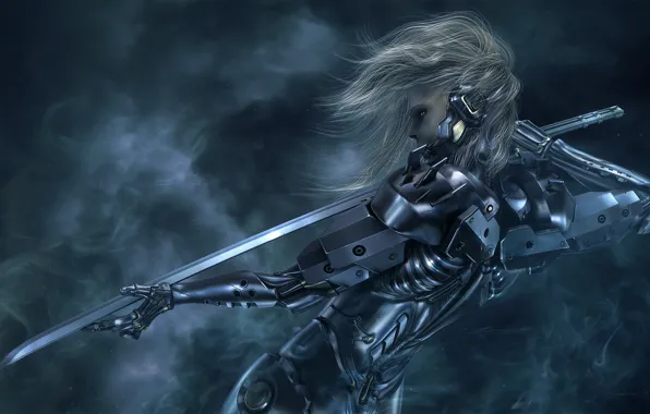 Девушка, меч, катана, киборг, Metal Gear Solid