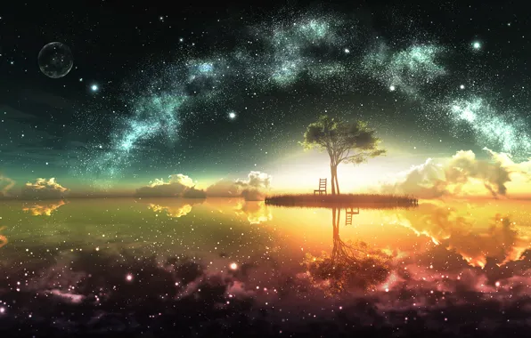 Картинка небо, солнце, звезды, облака, отражение, дерево, земля, луна