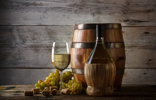 Вино, белое, бокал, бутылка, виноград, пробки, грозди, бочонок