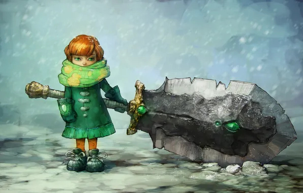 Картинка зима, снег, меч, шарф, Девочка, рукавички