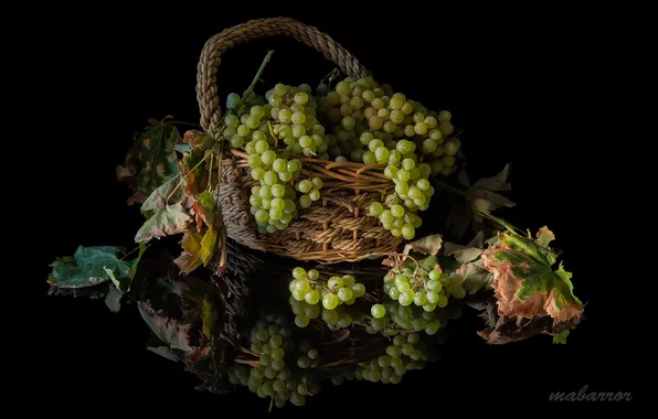 Картинка листья, корзина, виноград, грозди