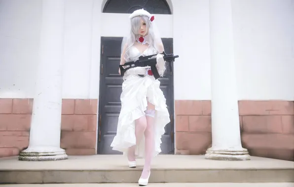 Gun, Beautiful, Asian, Model, Woman, Pretty, White Hair, Cosplay