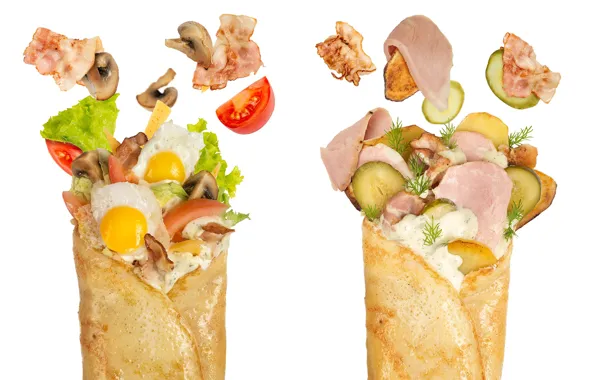 Грибы, яйцо, огурец, блины, бекон, начинка, ветчина