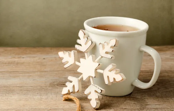 Стол, чай, игрушка, чашка, белая, декорации, деревянная, снежинка