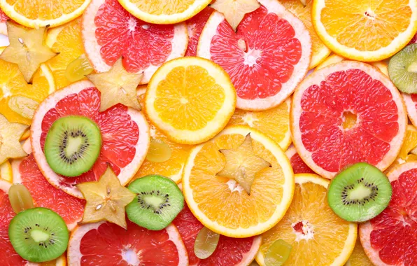 Картинка апельсин, текстура, киви, виноград, фрукты, цитрусы, дольки, fruit