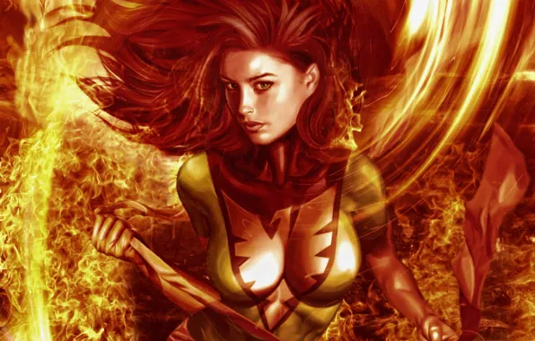 Картинка взгляд, девушка, огонь, костюм, феникс, phoenix, x-men, Jean Grey