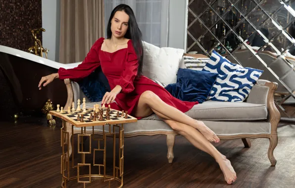 Long hair, hot girl, model, reflection, sofa, sexy woman, photoshoot, posing