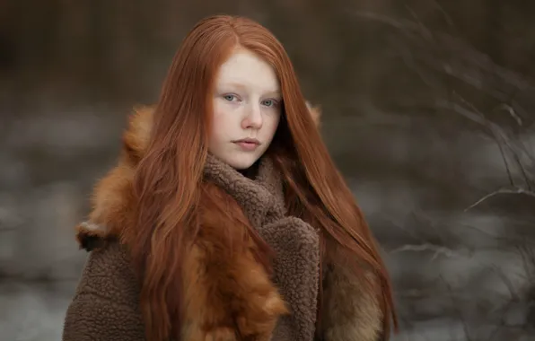 Картинка взгляд, девочка, мех, рыжеволосая
