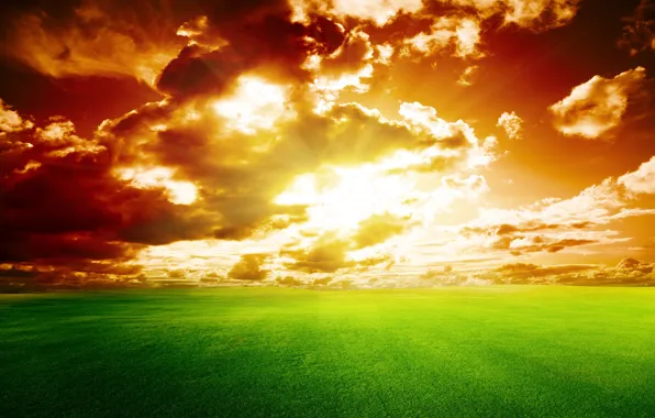 Картинка поле, небо, трава, закат, sky, landscape, nature, sunset