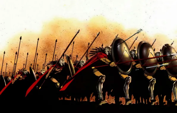 Рисунок, войны, бой, 300 спартанцев, щиты, копья, спартанцы, плащи