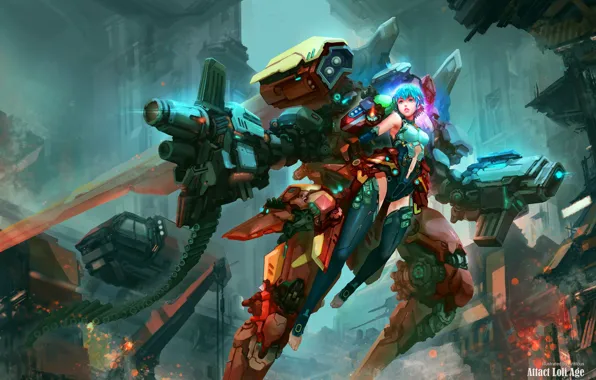 City, girl, gun, bodysuit, mecha, weapon, war, anime