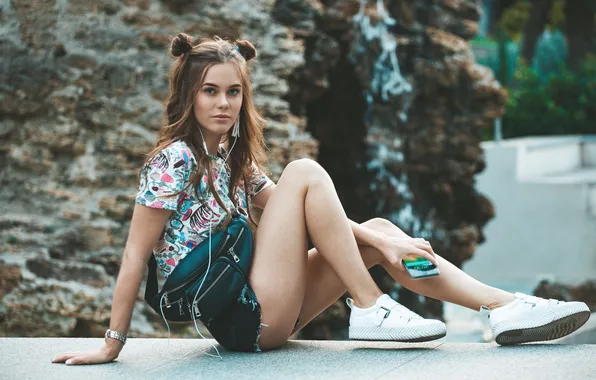 Girl, sexy, shorts, model, pretty, sneakers, tank top, denim