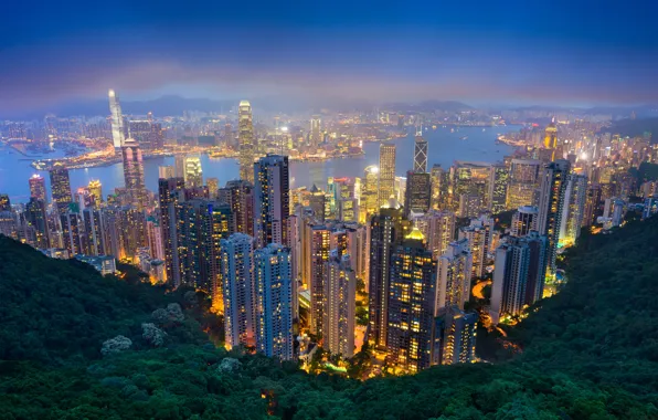 Картинка Гонконг, Ночь, Река, Небоскребы, Китай, Города