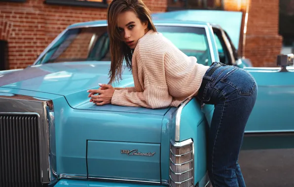 Model, street, women, jeans, brunette, classic car, sweater, blue car