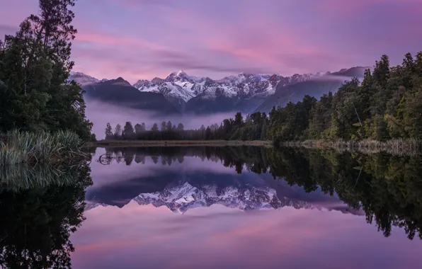 Картинка лес, горы, озеро, отражение, рассвет, утро, Новая Зеландия, New Zealand