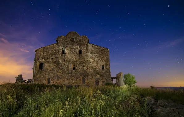 Grass, clouds, stars, evening, stones, Ruins