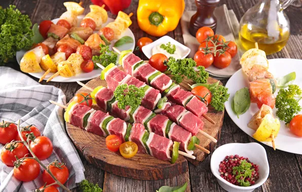 Тарелка, мясо, овощи, помидоры, шашлык