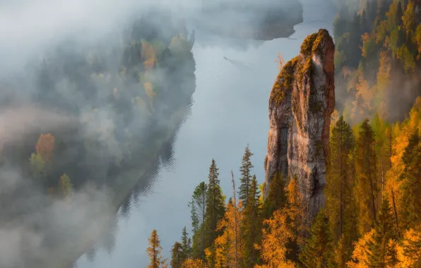 Картинка осень, туман, река, скалы