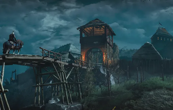 Картинка мост, деревня, крепость, Геральт, The Witcher 3: Wild Hunt, Ведьмак 3: Дикая Охота, плотва