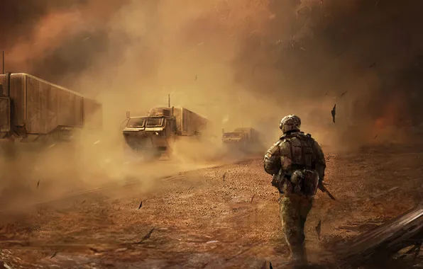 Картинка грузовики, машины, война, пустыня, буря, солдат, war