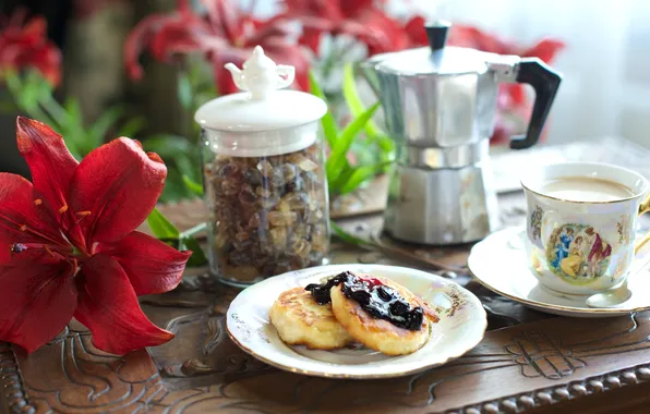 Картинка цветок, кофе, лилия, завтрак, джем, изюм, сырники