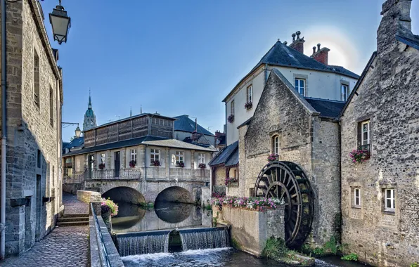 Картинка цветы, река, Франция, здания, дома, каскад, набережная, водяная мельница