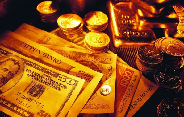 Картинка золото, деньги, монеты, доллары, слитки