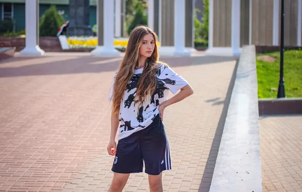 Картинка girl, shorts, young, cute, T-shirt, long-haired
