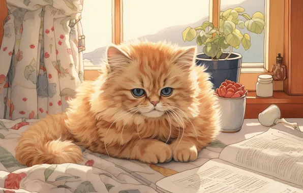 Кошка, взгляд, котенок, комната, рисунок, окно, рыжий, постель