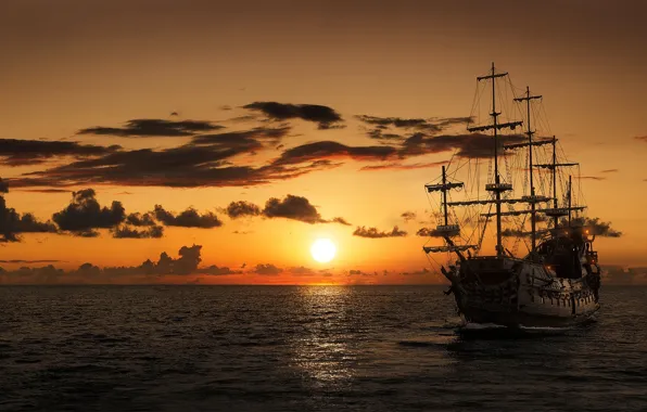 Картинка море, закат, корабль, парусник, фрегат