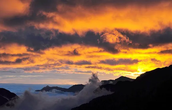 Clouds, Sun, Sunrise, Mountains, top, Ocean, views, ridges