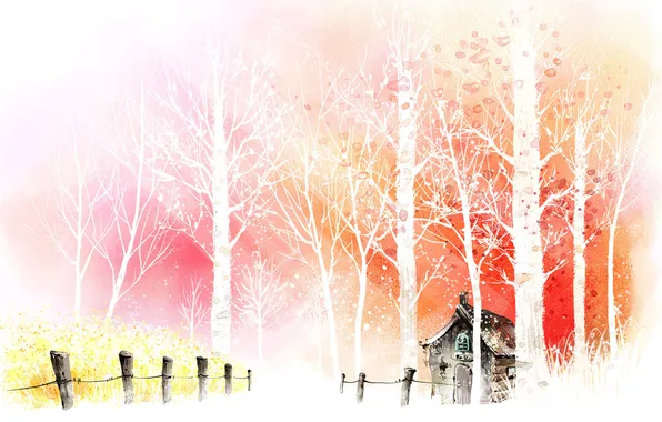 Картинка деревья, дом, рисунок, забор
