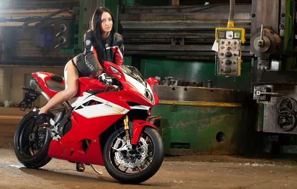 Картинка белый, брюнетка, мотоцикл, bike, красно, motorcycle, куртка., агуста