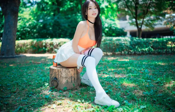 Girl, sexy, beautiful, asian, skirt, sneakers, knee socks